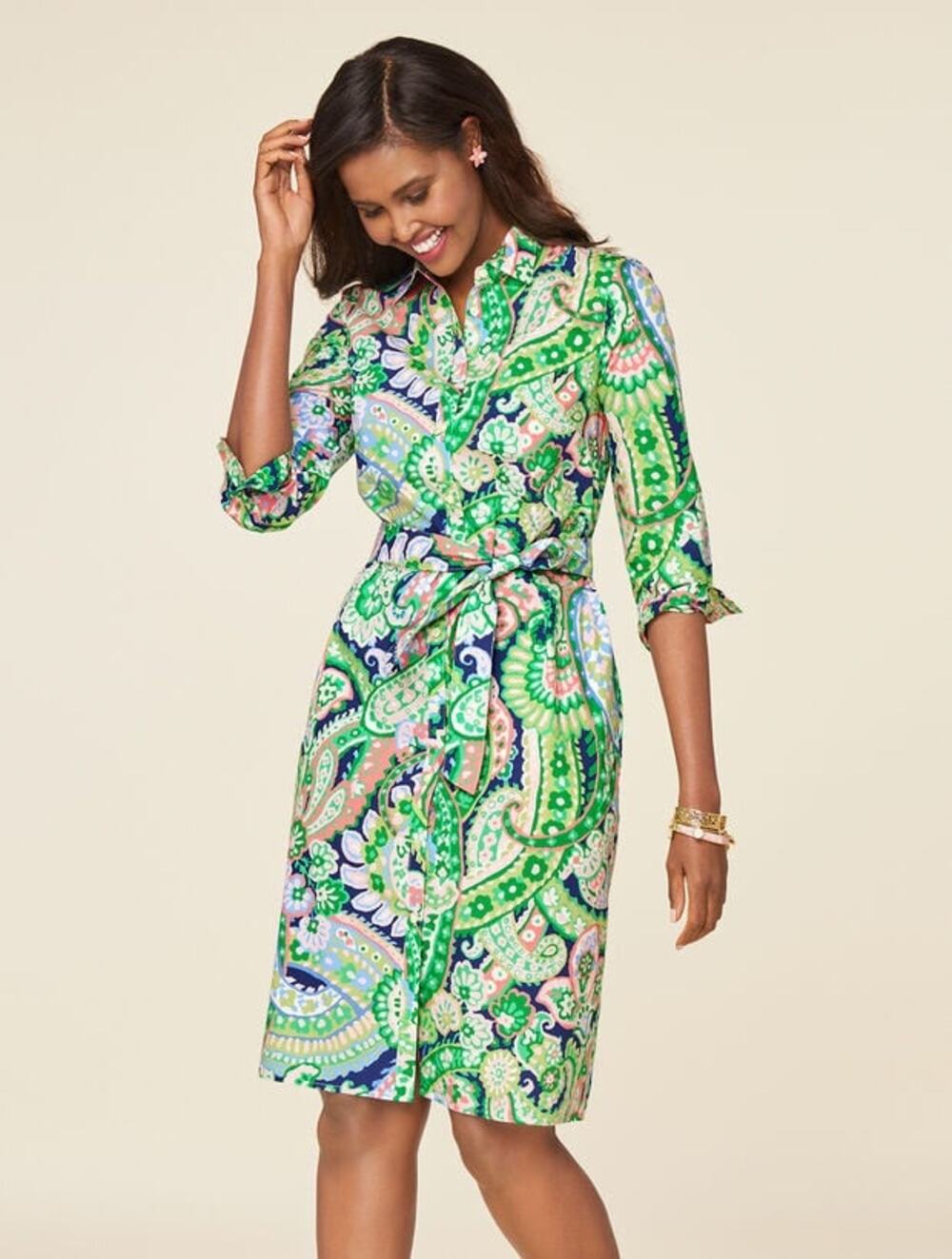 Talbots  Green Paisley Watercolor Print Belted Shirt Dress